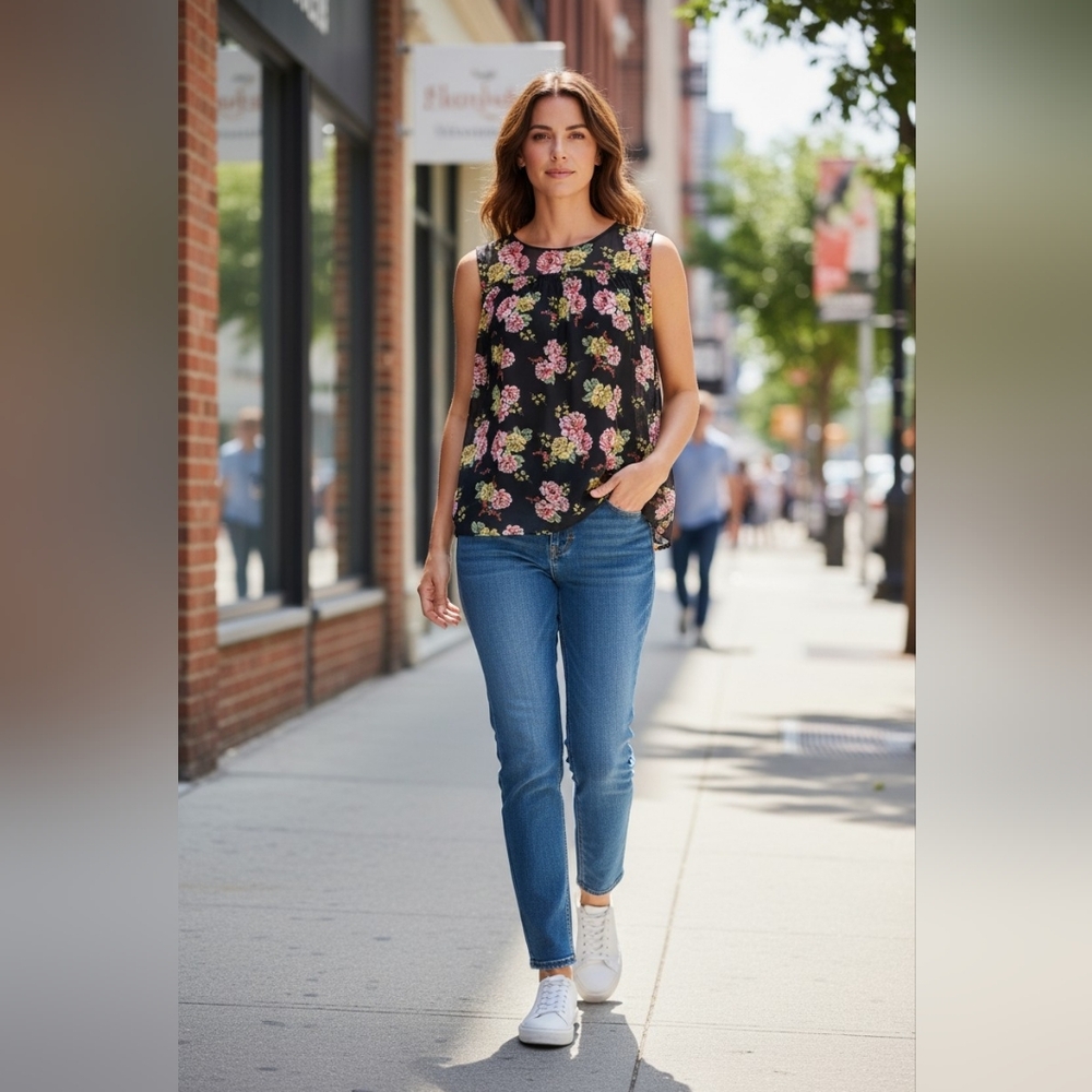 Bobbie Brooks Womens Sheer Yoke Flowy Floral Sleeveless Blouse NWT Size Medium